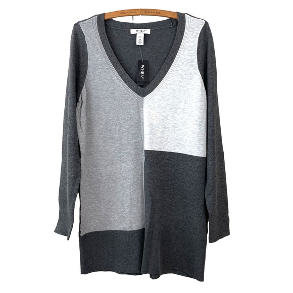 WHITE HOUSE BLACK MARKET Color Block Black Gray V-Neck Tunic Sweater Sz M NWT - Picture 1 of 11